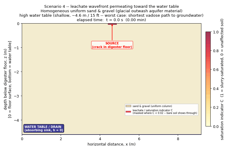 Leaching simulation: homogeneous sand, high water table