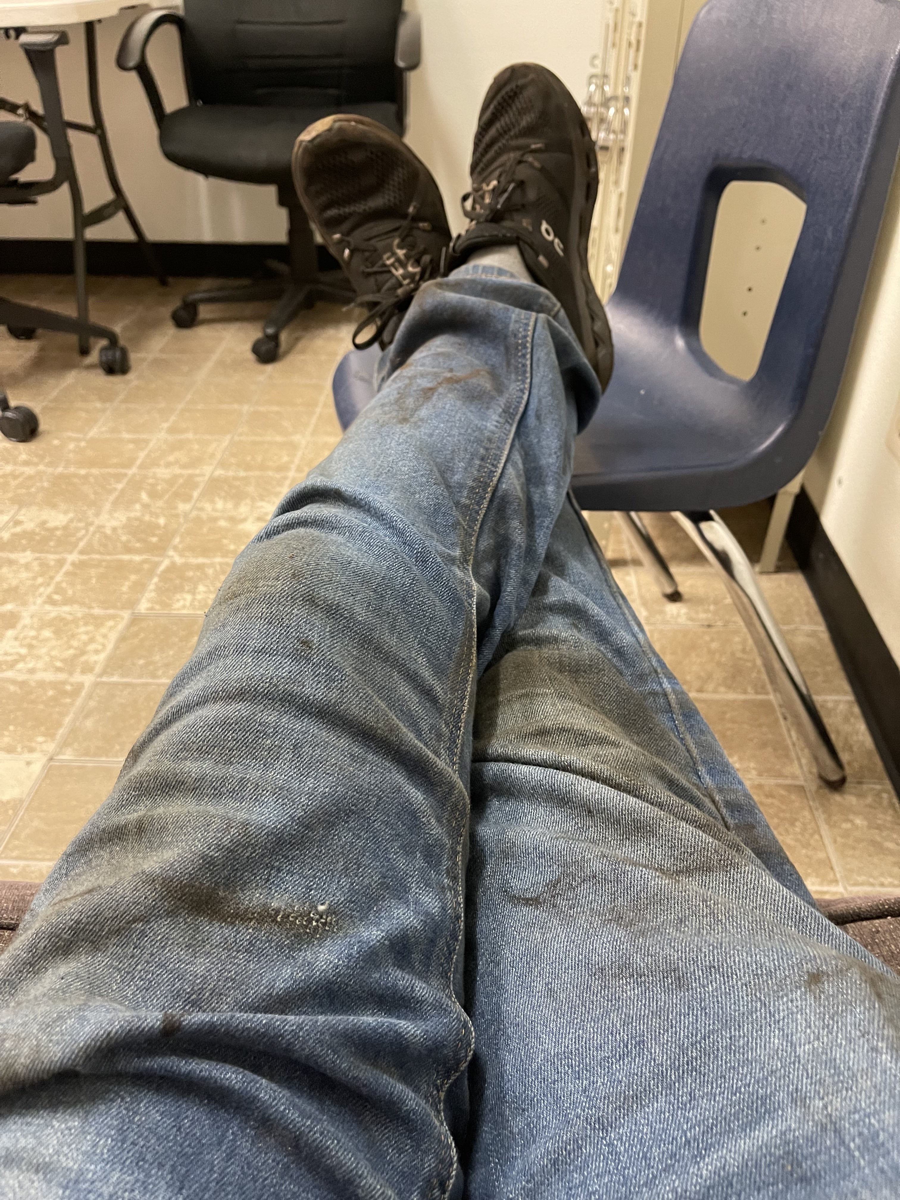 Chris on break, in work clothes